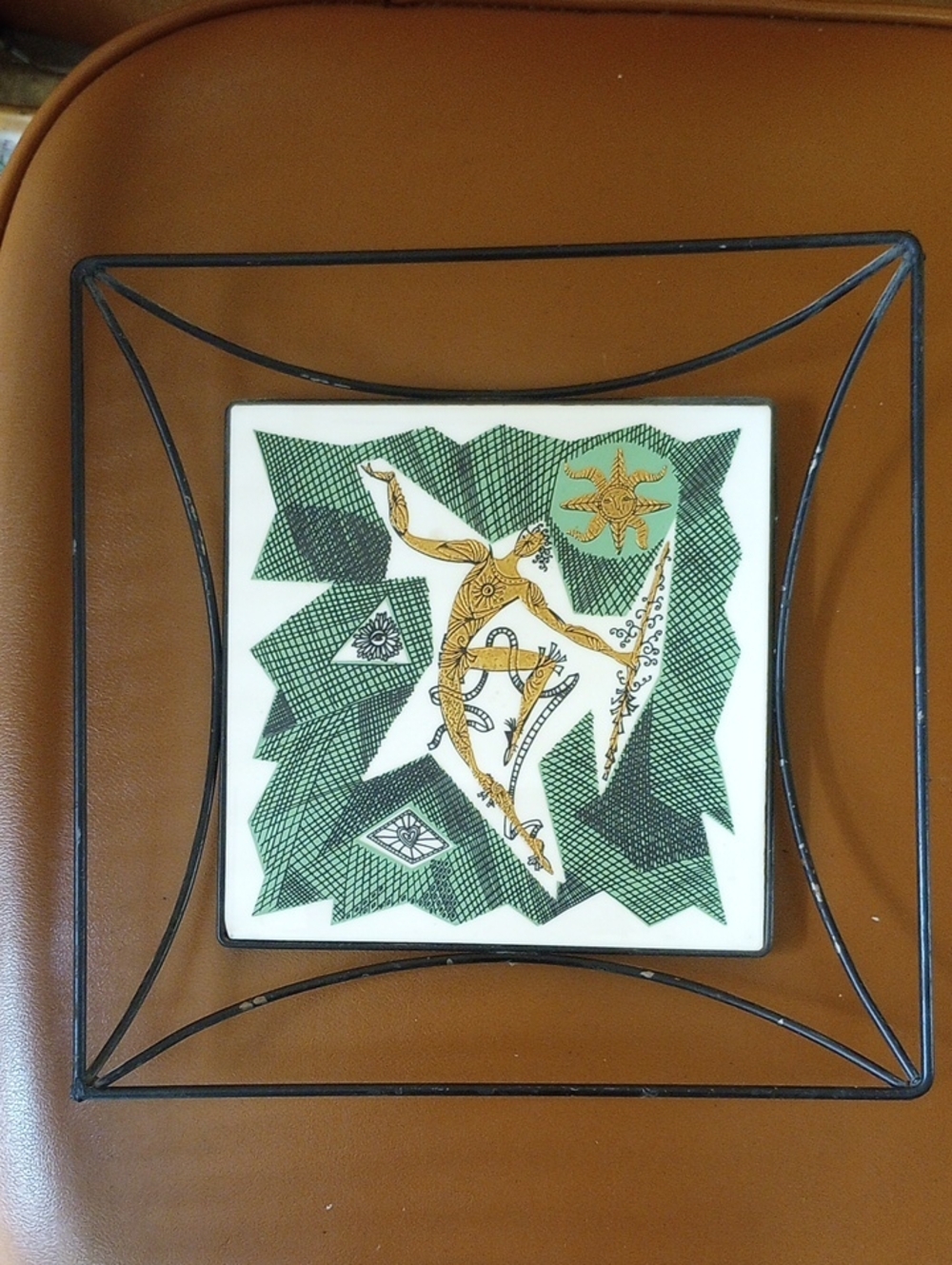 Vintage Ceramic Tile Trivet in Metal Frame. Green, Black, White, Metallic Gold